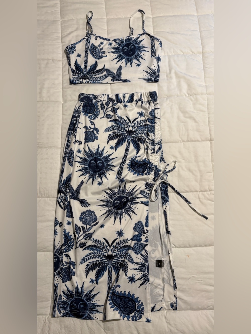Blue and White Sun & Palm Print Skirt Set